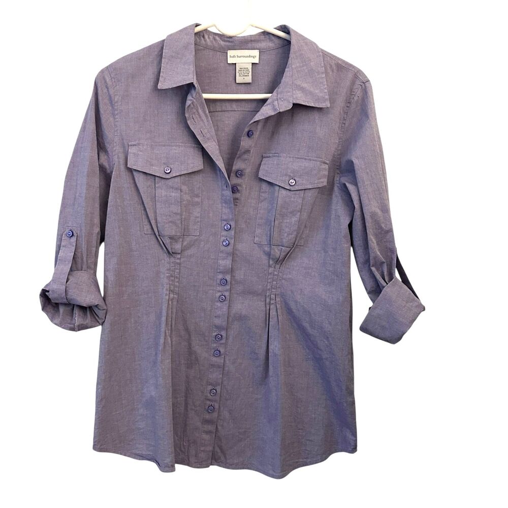 Soft Surroundings Purple Cotton Stretchy Button Up Pleated Blouse Size S